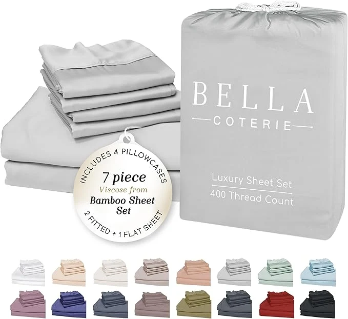 First-Class Bella Coterie 7 Piece Luxury Bamboo Viscose Split King Size Sheet Set 2 Fitted Sheets for Adjustable Beds Organically Grown Cooling for Hot Sleepers 4 Pillowcases Grey Mist Long-Lasting