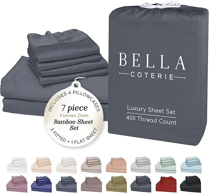 Premium Material Bella Coterie 7 Piece Luxury Bamboo Viscose Split King Size Sheet Set 2 Fitted Sheets for Adjustable Beds Organically Grown Cooling for Hot Sleepers 4 Pillowcases Charcoal Grey Next-Generation