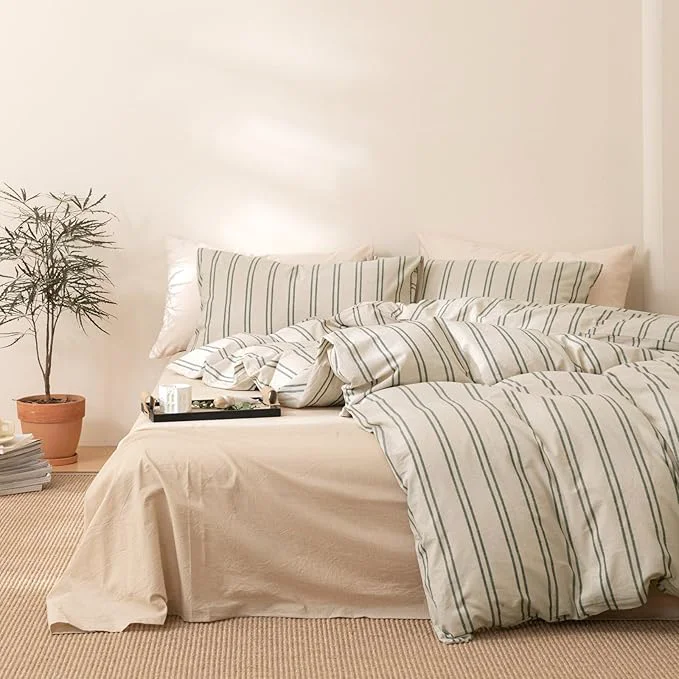 Unique VM VOUGEMARKET Queen Comforter Set Green Striped Bedding Comforter with 2 Pillowcases Modern Farmhouse Style Lightweight Comforter Set for Boys Men Durable