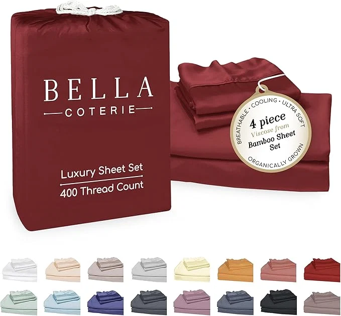 Expertly Made Bella Coterie Luxury Bamboo Viscose King Size Sheet Set Organically Grown Ultra Soft Cooling for Hot Sleepers 18 quot Deep Pocket Merlot Flexible
