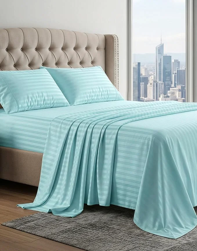 Reusable LANE LINEN Egyptian Cotton King Size Deep Pocket Sheet Sets Soft amp Comfy No Pill Fade Resistant Natural Cooling Mercerized Cotton King Size Sheets Set 15 quot Deep Pocket Damask Stripe - Blue Sky Original Design