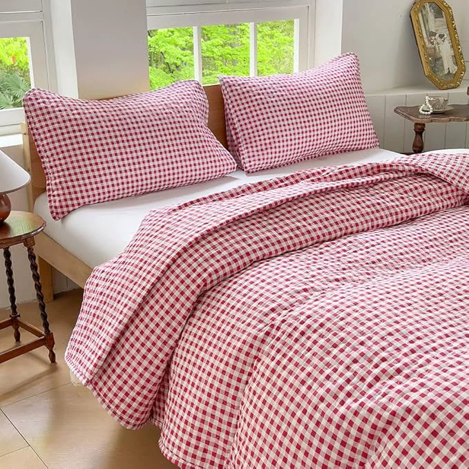 Smart NSNLGSGC Red Gingham Twin Quilt Set Soft Pre-Washed Microfiber Red Plaid Twin Bedspread Lightweight Checked Summer Quilt Grid Bedding Coverlets for All Seasons Includes 1 Quilt 1 Pillow Sham Fast
