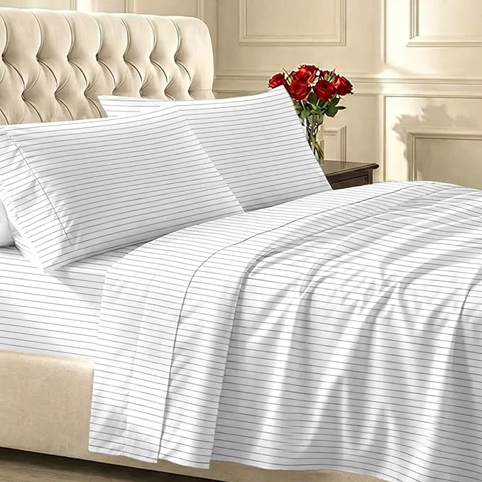 Advanced California Design Den Printed King Size Sheets Set - 400 Thread Count Soft Sateen Natural Cotton Sheets Set Deep Pockets and Durable Bedding - Pinstriped Detailed