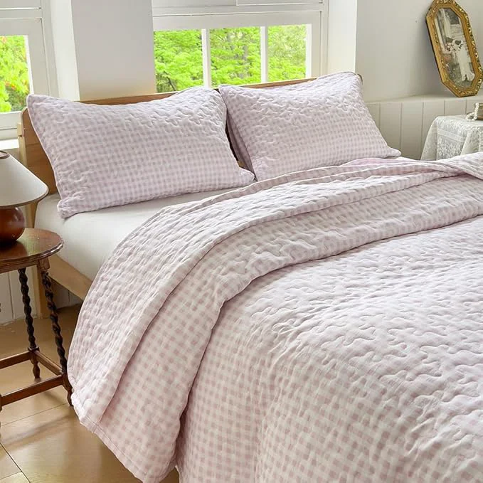 Carefully Designed NSNLGSGC Pink Gingham Queen Quilt Set Soft Pre-Washed Microfiber Pink Plaid Queen Bedspread Lightweight Checked Summer Quilt Grid Bedding Coverlets for All Seasons Durable