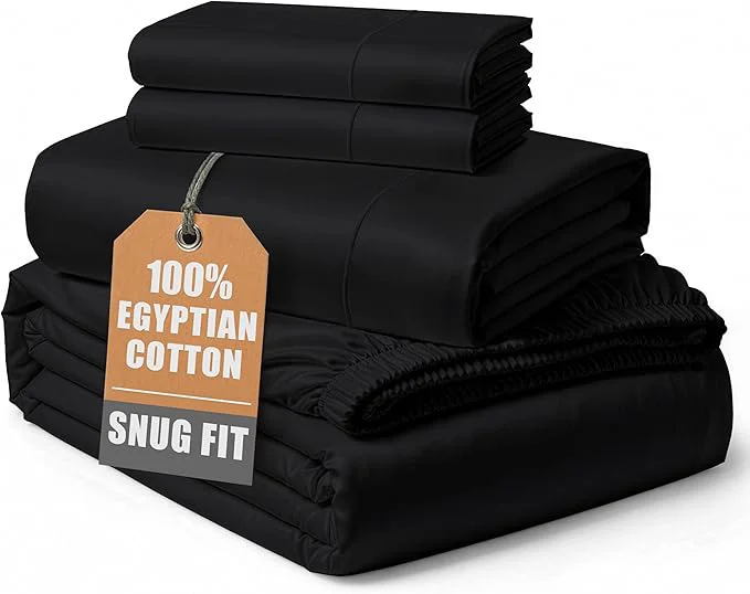 Fashionable LANE LINEN Egyptian Cotton Cal King Sheets Long Staple Mercerized Cotton No Pill Fade Resistant Silky Sateen Weave for Soft amp Comfy Good Night Sleep Deep Pocket Fits 15 quot Mattress - Black Easy-to-Use
