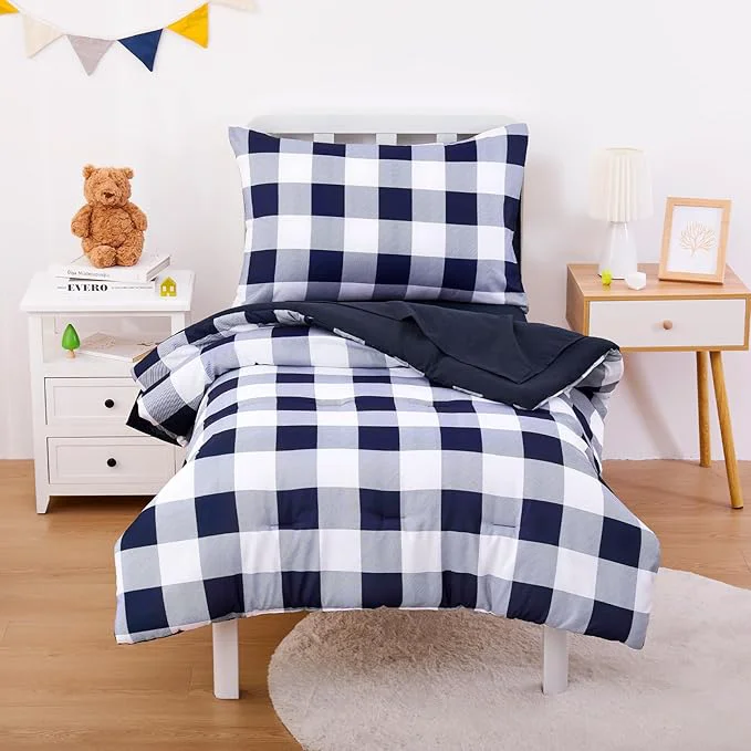 Original Design Wake In Cloud - Gingham Toddler Bedding Set for Girls Boys Cute Plaid Buffalo Check 4 Pieces Soft Crib Bed Set Including Comforter Sheets and Pillowcase Navy Blue Dependable
