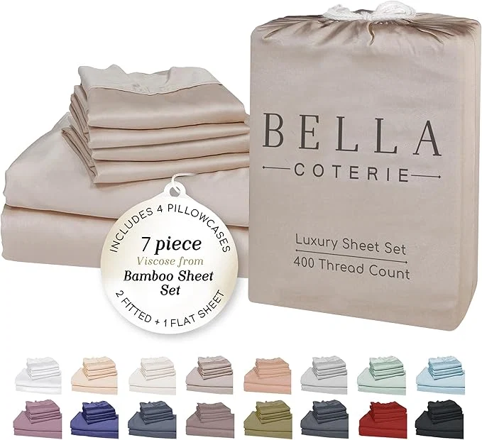 Quality Bella Coterie 7 Piece Luxury Bamboo Viscose Split King Size Sheet Set 2 Fitted Sheets for Adjustable Beds Organically Grown Cooling for Hot Sleepers 4 Pillowcases Dune Traditional