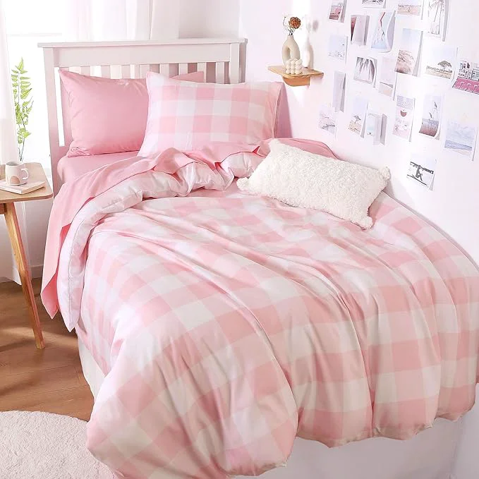 Prestigious Wake In Cloud - Gingham Comforter Set Plaid Buffalo Check Checkered Cottagecore Cute Geometric Soft Lightweight Bedding 3 Pieces Pink Twin Twin XL Size Relaxed