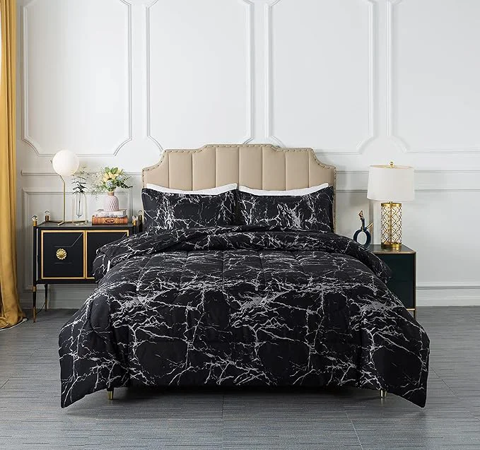 Superior Caressma Twin Size Black Marble Comforter Set Lightweight Soft Microfiber Bedding Comforter Sets Fluffy Comforter with Pillowcase 2 Pieces Breathable