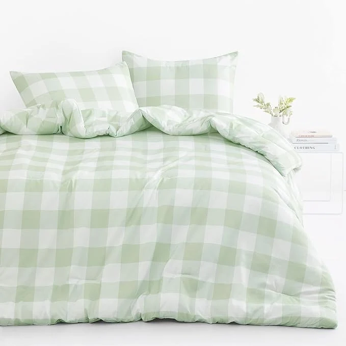 Premium Wake In Cloud - Gingham Comforter Set Plaid Buffalo Check Checkered Cottagecore Cute Geometric Soft Lightweight Bedding 3 Pieces Sage Green Queen Size Refined