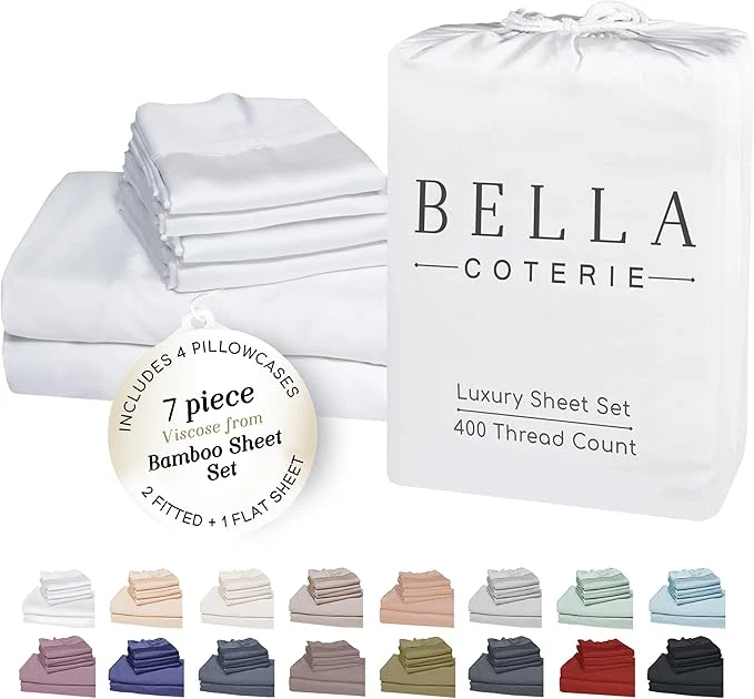Elite Bella Coterie 7 Piece Luxury Bamboo Viscose Split King Size Sheet Set 2 Fitted Sheets for Adjustable Beds Organically Grown Cooling for Hot Sleepers 4 Pillowcases White Convenient