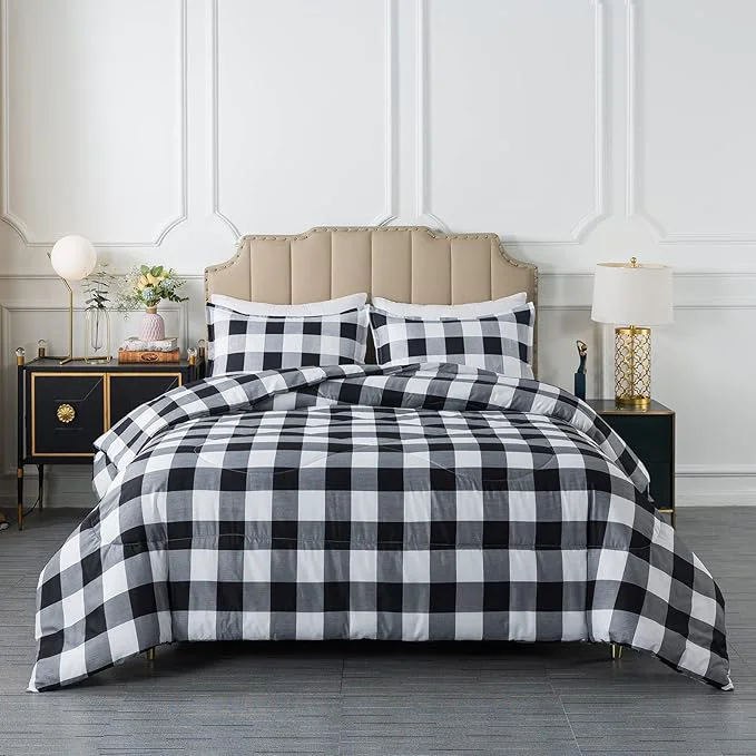 Breathable Caressma Buffalo Plaid Comforter Set Queen Black White Buffalo Plaid Comforter Bedding Set for All Seasons Classic Gingham Pattern Print Soft Microfiber 3 Pieces Comforter with Pillowcases Consistent
