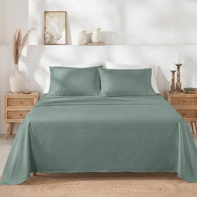 Modern California Design Den Queen Sheet Set - Soft 400 Thread Count Sateen Natural Cotton Sheets Deep Pockets with All Around Elastic for a Snug Fit Durable Bedding Set - Sage Green Professional