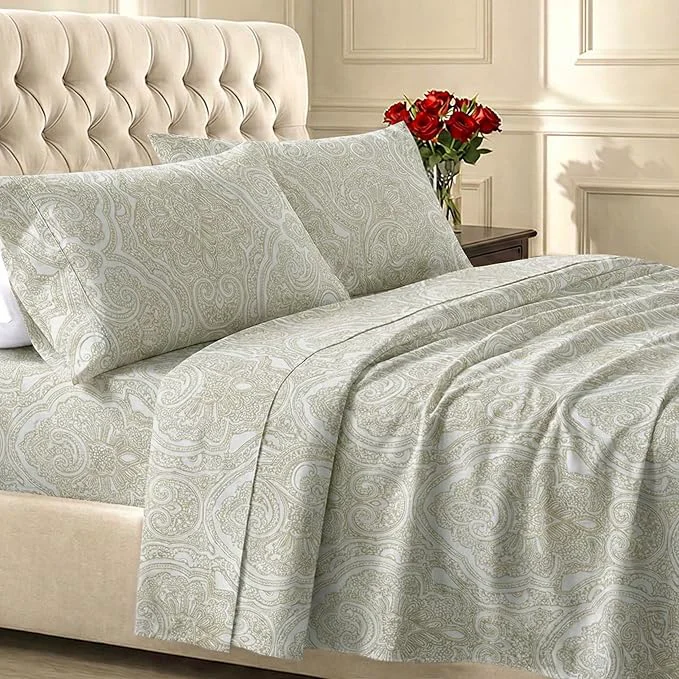 Top-Quality California Design Den Queen Sheet Set - 400 Thread Count Sateen Deep Pocket Natural Cotton Sheets Deep Pocket and Durable Bedding - Paisley Pattern Beige Secure