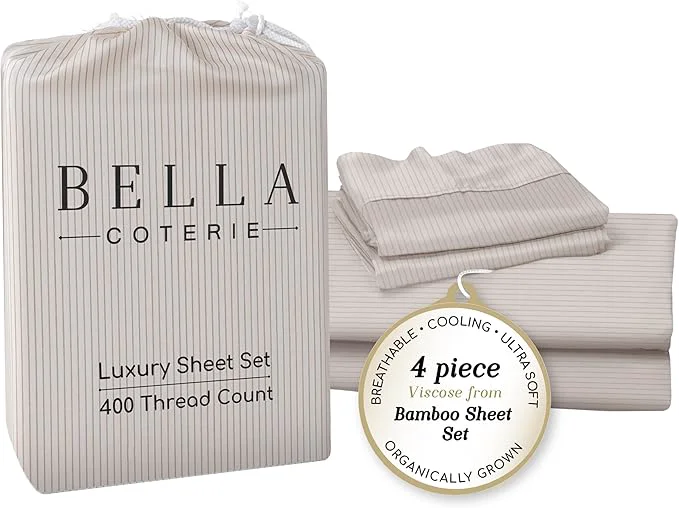 Pure Bella Coterie Luxury Bamboo Viscose King Size Sheet Set Organically Grown Ultra Soft Cooling for Hot Sleepers 18 quot Deep Pocket Striped Dune Innovative