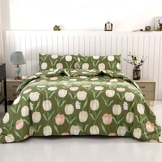 Selected SDIII Rabbit and Green Floral Comforter Set Queen 3 Pieces Soft Microfiber Green Floral Comforter Queen Size Botanical Bedding Set All Season Efficient