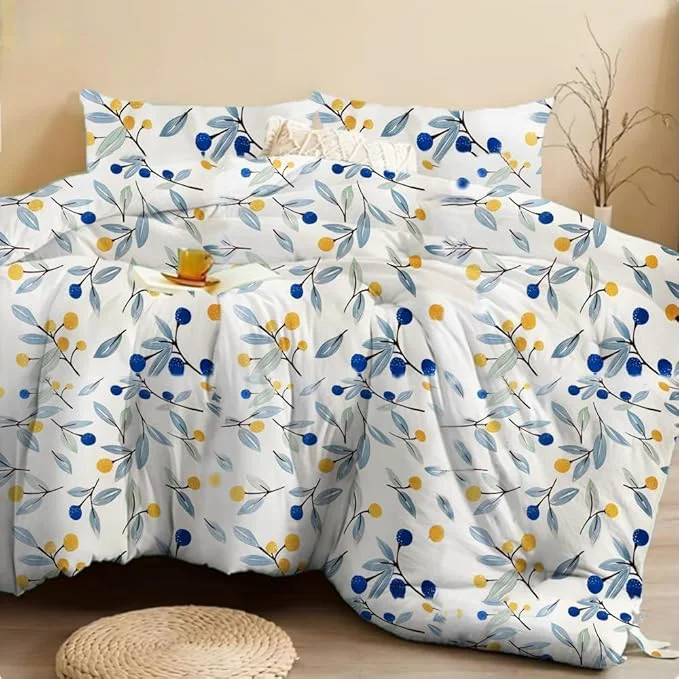 Clean SDIII 3PCS Blue Floral Comforter Set Queen Soft Microfiber Lightweight Blue Floral Comforter Queen Vintage Coquette Bedding Quilt Set for All Season Unique