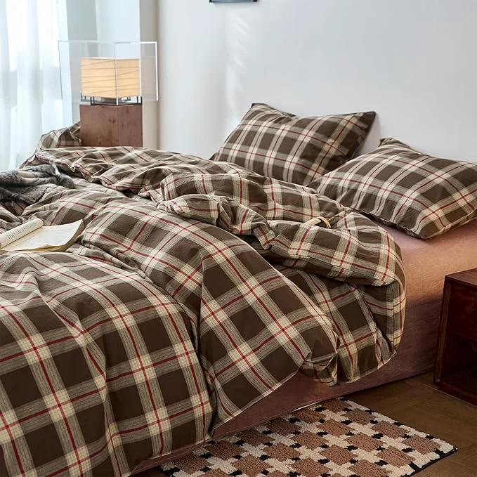 Sustainable EAVD Vintage Brown Buffalo Plaid Comforter Set King Soft Washed Cotton Brown amp Red amp Green Grid Checkered Bedding Set with 2 Pillowcases Retro Gingham Comforter Set for All-Season Enhanced