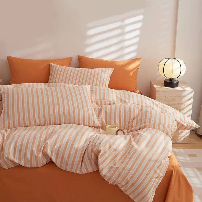 Sophisticated EAVD Vintage Orange Striped Comforter Set Full Soft Washed Cotton White and Orange Vertical Striped Bedding Set with 2 Pillowcases Retro Geometric Pattern Comforter Set for All-Season Excellent