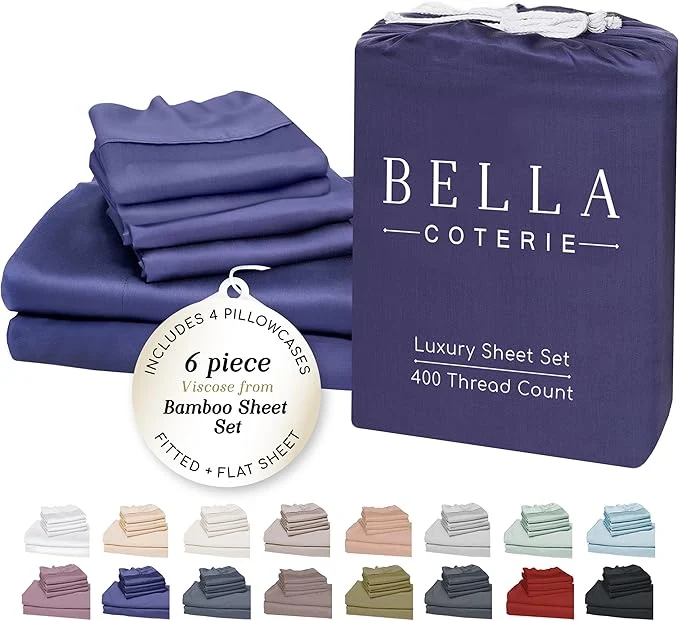 Traditional Bella Coterie 6 Piece Luxury Bamboo Viscose Split Top King Size Sheet Set 34 quot Split for Adjustable Beds Organically Grown Cooling 18 Deep Pocket 4 Pillowcases Twilight Blue Long-Lasting