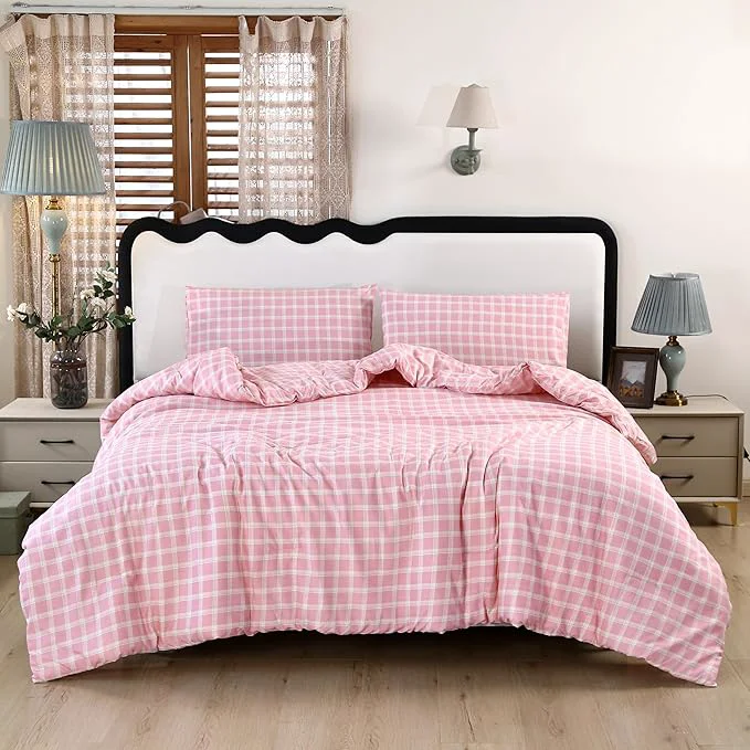 Solid SDIII 3PCS Pink Gingham Comforter Set Queen Washed Microfiber Lightweight Soft Pink Gingham Bedding Farmhouse Shabby Chic Checkered Plaid Elite
