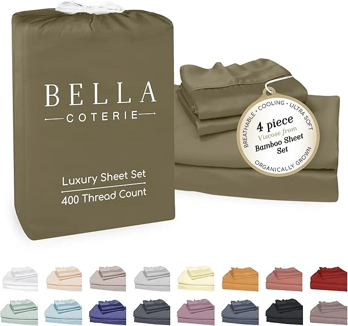 Certified Bella Coterie Luxury Bamboo Viscose Cal King Size Sheet Set Organically Grown Ultra Soft Cooling for Hot Sleepers 18 quot Deep Pocket Olive Refined