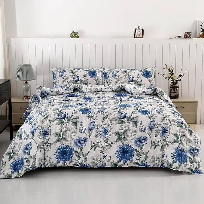 Breathable SDIII Blue Floral Comforter Set Twin 3 Pieces Soft Microfiber Twin Comforter Floral Vintage Blue Cornflower Bedding Set All Season Versatile