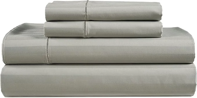 Smooth LANE LINEN Striped Sheets Set - Egyptian Cotton 4 Piece Bed for King Size Hotel Bedding amp Pillowcases 16 quot Deep Pocket Fits Upto 17 quot Mattress Silver Sophisticated