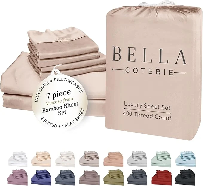 Relaxed Bella Coterie 7 Piece Luxury Bamboo Viscose Split King Size Sheet Set 2 Fitted Sheets for Adjustable Beds Organically Grown Cooling for Hot Sleepers 4 Pillowcases Dusty Rose Fast
