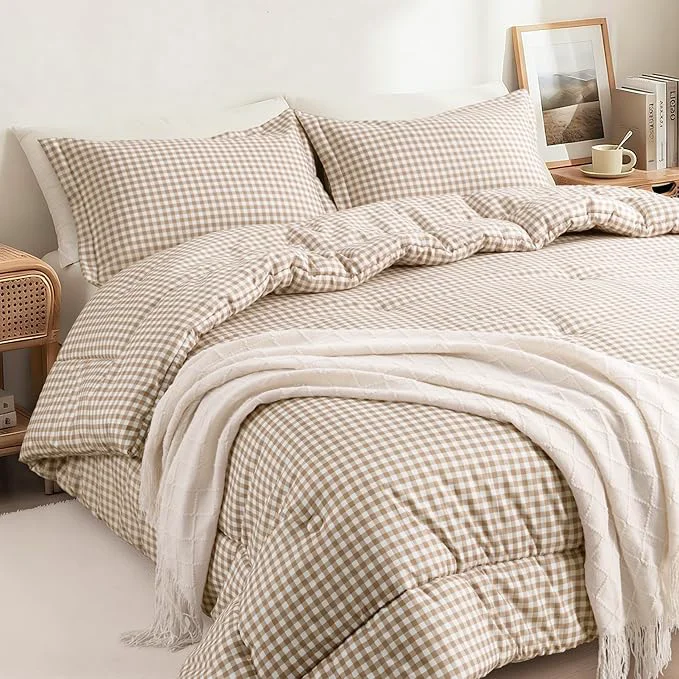 Efficient King Comforter Set Modern Plaid Checkered Bedding Tan Gingham Brown Grid Bed Comforter Soft Fluffy Breathable Farmhouse Dorm Bedding All Seasons 3 Piece Set gingham Unique
