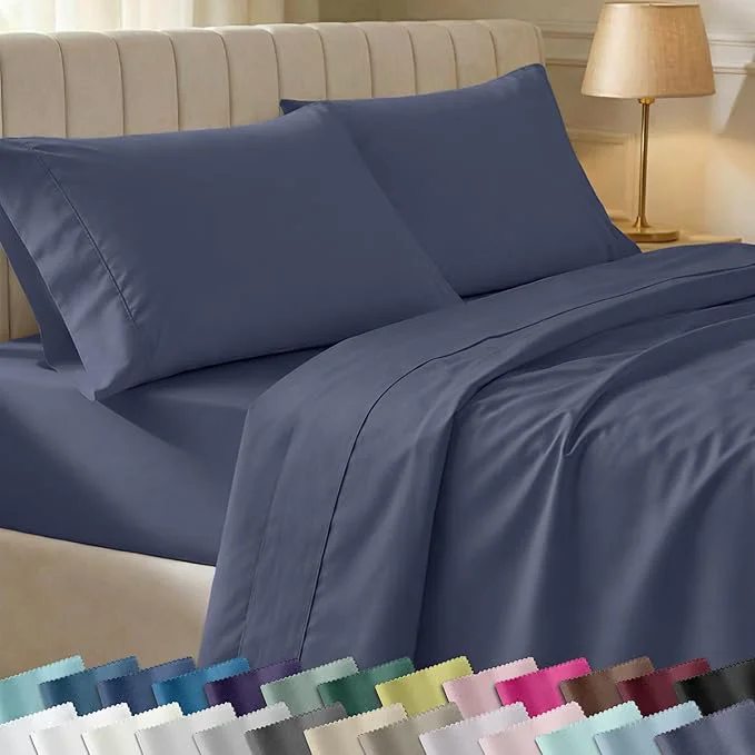 Elegant California Design Den Natural Cotton Sheets for Queen Size Bed - Soft 400 Thread Count Sateen Deep Pockets with All Around Elastic for a Snug Fit Durable Bedding - Indigo Dusty Blue Pure
