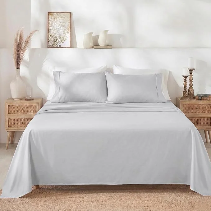 California Design Den Natural Cotton Bed Sheets Queen Size Set - 400 Thread Count Sateen Deep Pocket Queen Sheets Set with All Around Elastic Soft Durable Bedding - Silver Breathable