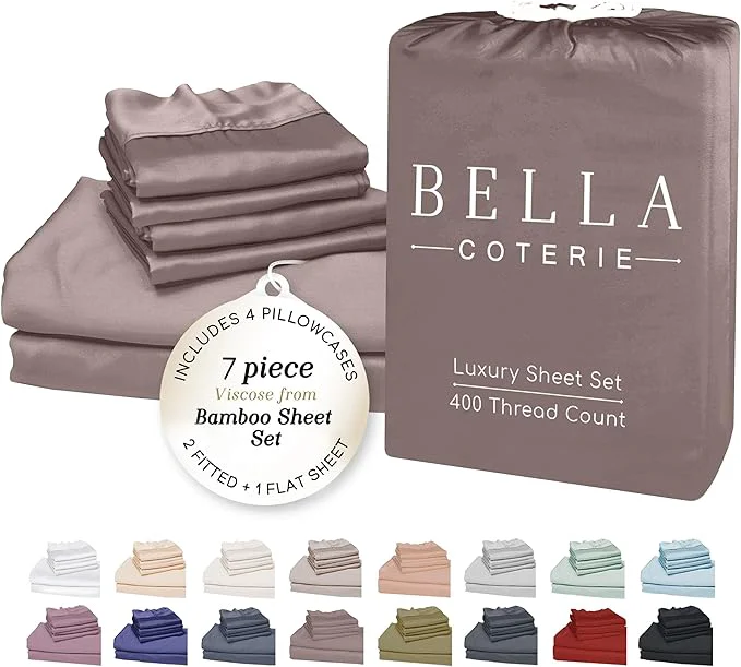 Versatile Bella Coterie 7 Piece Luxury Bamboo Viscose Split King Size Sheet Set 2 Fitted Sheets for Adjustable Beds Organically Grown Cooling for Hot Sleepers 4 Pillowcases Mocha Fine Crafted