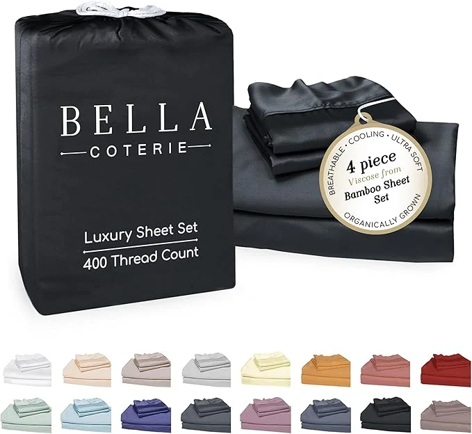 Professional Bella Coterie Luxury Bamboo Viscose Cal King Size Sheet Set Organically Grown Ultra Soft Cooling for Hot Sleepers 18 quot Deep Pocket Black Optimized