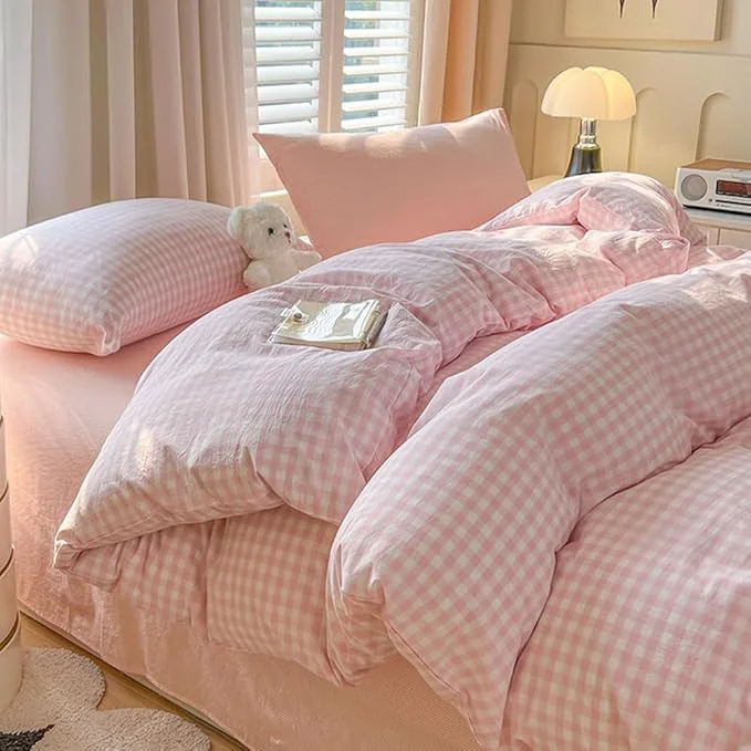 World-Class Nayoroom Pink Gingham Comforter Set Queen Size Plaid Checkered Comforter 3 Pcs Soft Lightweight Grid Farmhouse Dorm Bedding Set for All Seasons 1 Comforter 2 Pillowcases Luxury