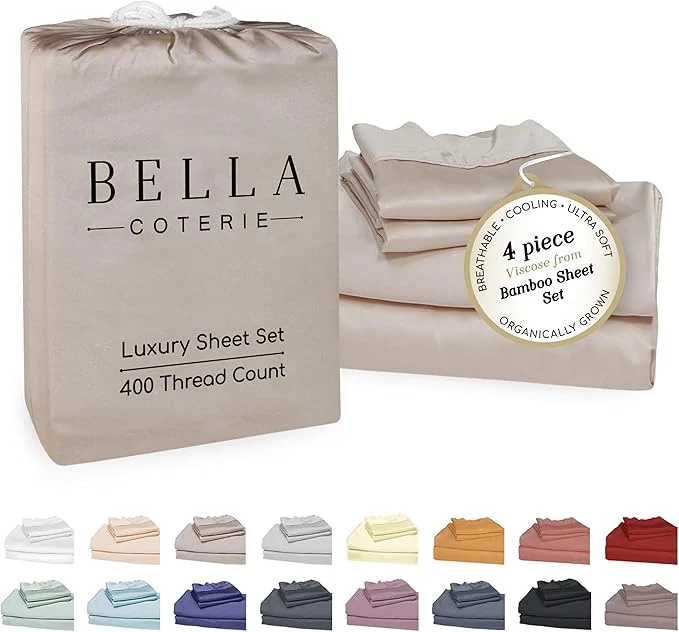 Excellent Bella Coterie Luxury Bamboo Viscose Queen Size Sheet Set Organically Grown Ultra Soft Cooling for Hot Sleepers 18 quot Deep Pocket Dune Outstanding