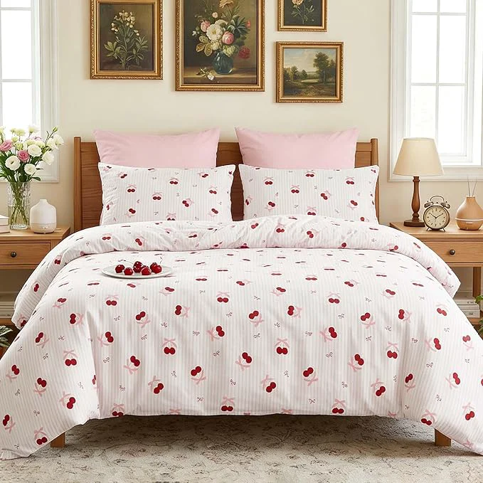 Recyclable Nayoroom Pink Striped Bow Comforter Set Queen Size Red Cherry Comforter 3 Pieces Soft Lightweight Girls Cute Aesthetic Dorm Bedding Set for All Seasons User-Friendly