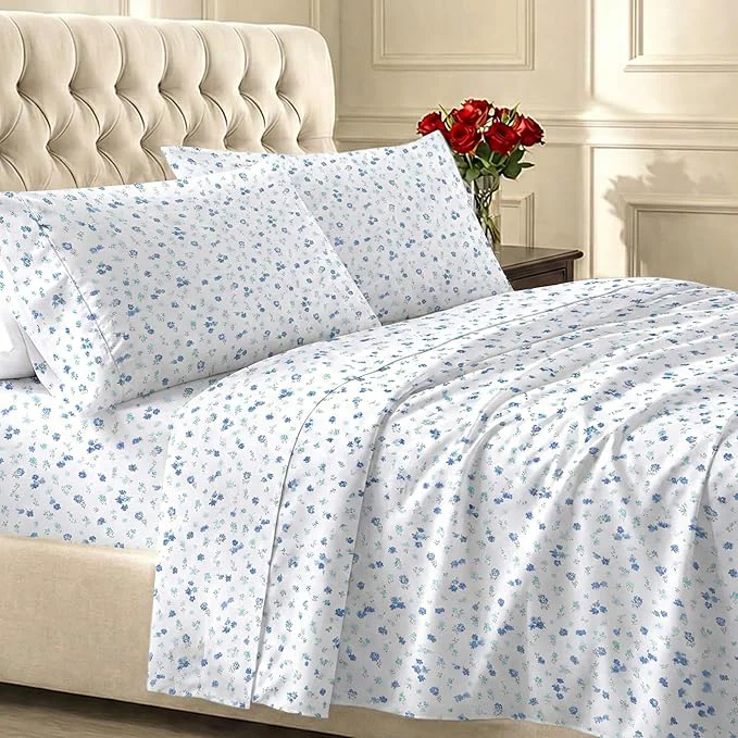 Minimalist California Design Den Full Size Bed Sheets Set - 400 Thread Count Sateen Natural Cotton Sheets Deep Pocket and Durable Bedding - Blooming Meadows Top-Quality