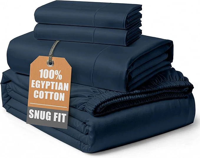 Pure Egyptian Cotton Bed Sheets King Size – Silky Sateen Weave for Warm Winter Comfort 15 quot Deep Pocket King Sheets Naturally Breathable Ultra-Soft Durable Hotel-Quality Luxury Bedding - Dark Denim High-End