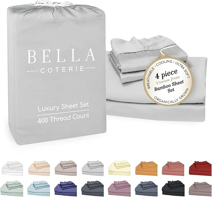 Refined Bella Coterie Luxury Bamboo Viscose Queen Size Sheet Set Organically Grown Ultra Soft Cooling for Hot Sleepers 18 quot Deep Pocket Grey Mist Modern