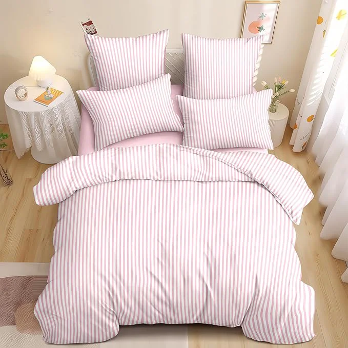 High-Performance Nayoroom Pink Striped Comforter Set Queen Size White Stripe Comforter 3 Pieces Girls Soft Lightweight Pinstripe Dorm Bedding Set for All Seasons Sophisticated