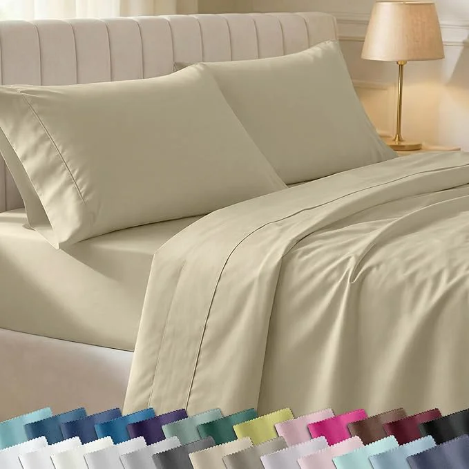 Trendy California Design Den Full Size Bed Sheets Set - Soft 400 Thread Count Sateen Natural Cotton Sheets Set with Deep Pockets Breathable and Durable Bedding - Beige Golden Tone Verified