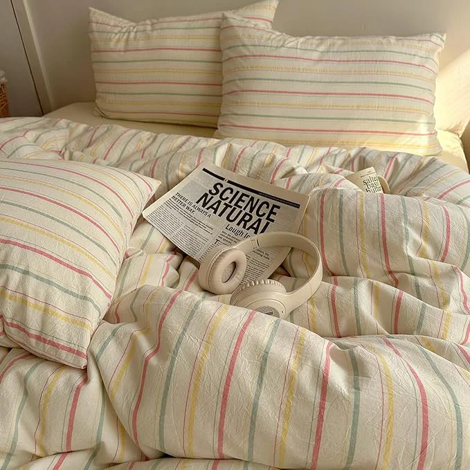 Contemporary EAVD Vintage Colorful Striped Comforter Set Twin XL Soft Cotton 3-Piece Retro Vertical Striped Bedding Set with 2 Pillowcases Boho Geometric Comforter Set for All-Season Pink amp Yellow amp Blue Twin XL Excellent