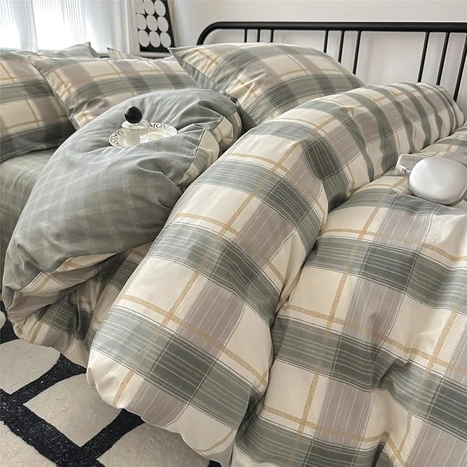 Eco-Friendly EAVD Green Gingham Comforter Set Queen 3 Pieces Grid Plaid Comforter Set Modern Simple Grid Checkered Bedding Set with 2 Pillowcases Reversible Gingham Bedding Set for Boys Women Men Refined