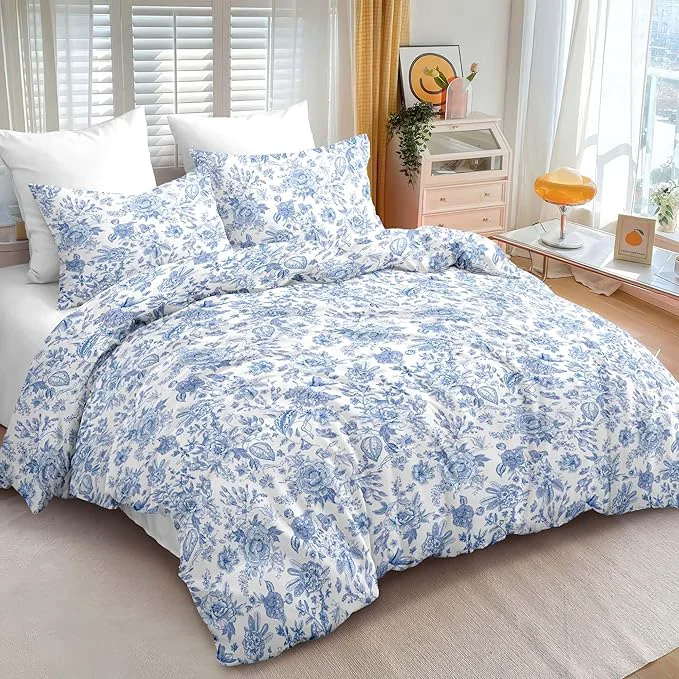 High-Grade Nayoroom Blue Floral Comforter Set Queen Size Blue and White Botanical Flower Pattern Spring Bedding Set 3 Pieces Soft Lightweight Aesthetic Garden Comforter for All Seasons Exceptional