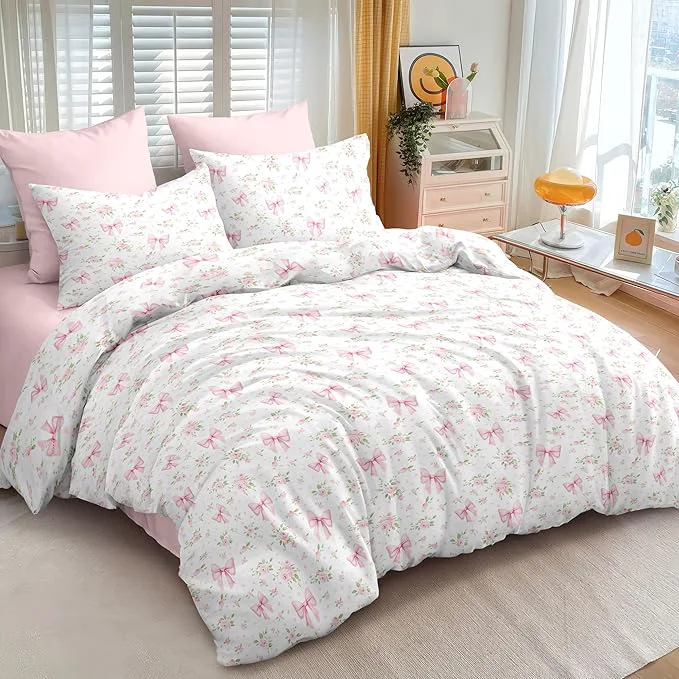Trusted Nayoroom Pink Bow Comforter Set Full Size White Green Leaf Floral Comforter 3 Pieces Girls Soft Lightweight Cute Coquette Bedding Set for All Seasons Reusable