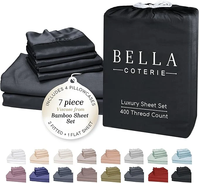 Premium Material Bella Coterie 7 Piece Luxury Bamboo Viscose Split King Size Sheet Set 2 Fitted Sheets for Adjustable Beds Organically Grown Cooling for Hot Sleepers 4 Pillowcases Black Safe