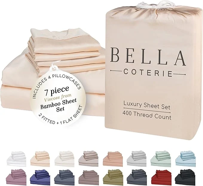 Casual Bella Coterie 7 Piece Luxury Bamboo Viscose Split King Size Sheet Set 2 Fitted Sheets for Adjustable Beds Organically Grown Cooling for Hot Sleepers 4 Pillowcases Champagne Practical