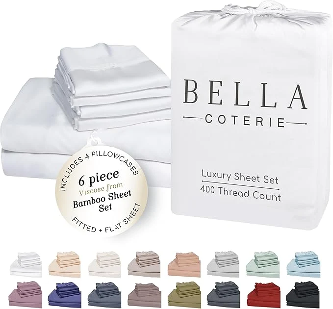 Environmentally Friendly Bella Coterie 6 Piece Luxury Bamboo Viscose California King Size Sheet Set Organically Grown Cooling for Hot Sleepers 18 quot Deep Pocket Soft amp Hypoallergenic 4 Pillowcases White Outstanding