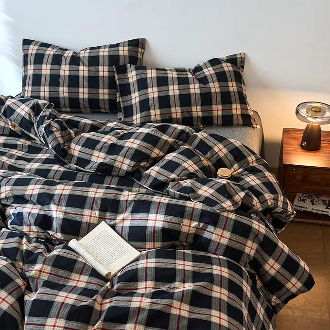 Original Design EAVD Vintage Black Plaid Gingham Comforter Set Queen Soft Washed Cotton Black amp Green amp Red Grid Checkered Bedding Set with 2 Pillowcases Farmhouse Retro Plaid Comforter Set for All-Season Innovative